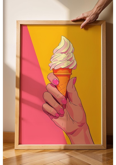 Dondurma Tutan El Yumuşak Dondurma Külah Çerçeveli Tablo - Pop Art Poster Tablo