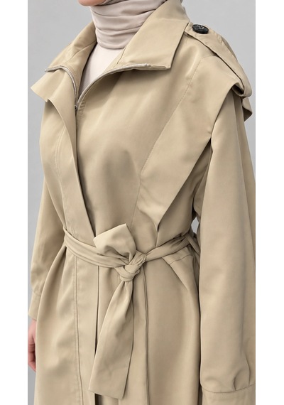 Nevayla Moda Kuşaklı Fermuarlı Mevsimlik Trençkot - Bej / M0116