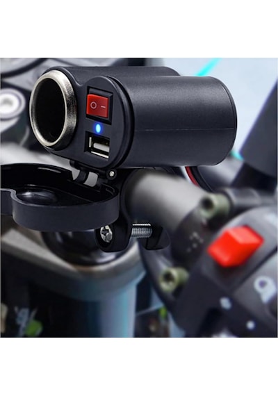 Motosiklet Ve Elektrikli Bisiklet Çakmaklık Soketi Usb Şarj Girişi 12v-24v, 5v 2a Usb Çıkış, Açma Kapama Anahtarlı, 130 Cm Kablolu, Gidon Montajlı