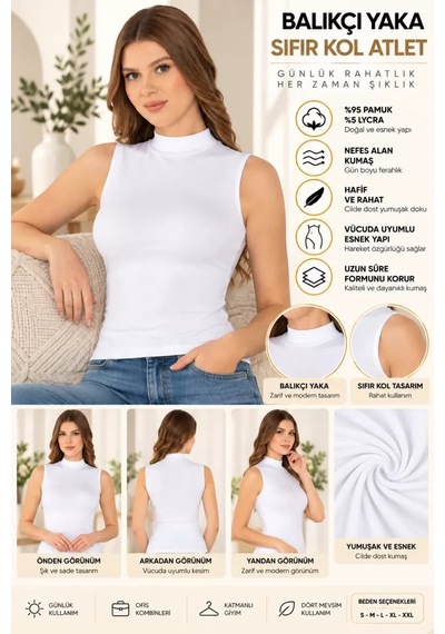 Kadın Balıkçı Yaka Sıfır Kol Atlet Beyaz, Esnek Kumaş, Vücuda Oturan Basic Kolsuz Body - Ryl - 2614