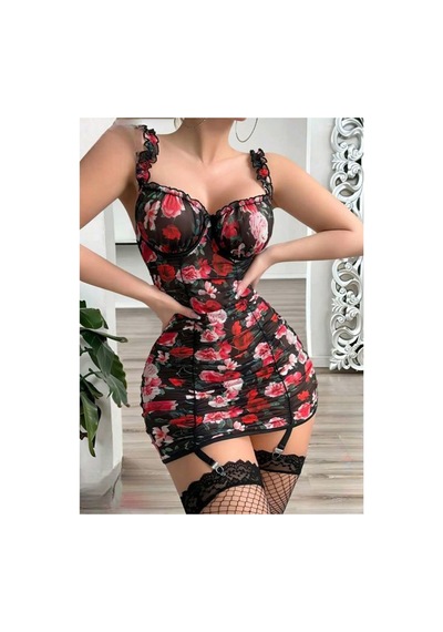 Doğu Collection Vintage Gül Desenli Mini Gecelik Takımı Gecelik Slip Jartiyer File Çorap Gül Desebli