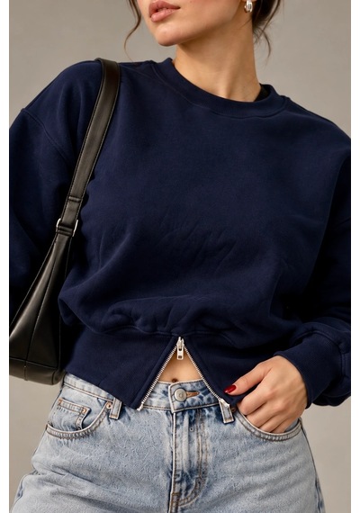 Bbbutikbasic Fermuar Detaylı Şardonlu 3 İplik Kadın Sweatshirt My3535 Lacivert