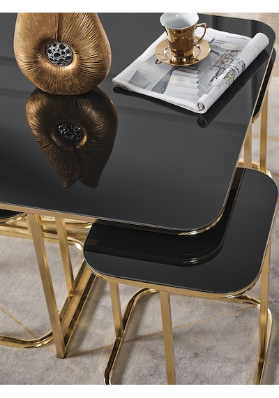 Pelikan 4+1 Siyah Aynalı Temperli Cam Gold Metal Ayak Takım Sehpa Sedaş Living Units Sehpa