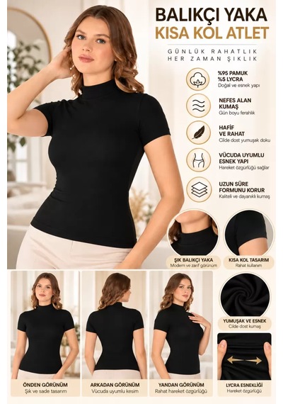 N11 Kadın Balıkçı Yaka Kısa Kol Atlet Siyah, Esnek Kumaş, Vücuda Oturan Basic Body - Ryl - 2611