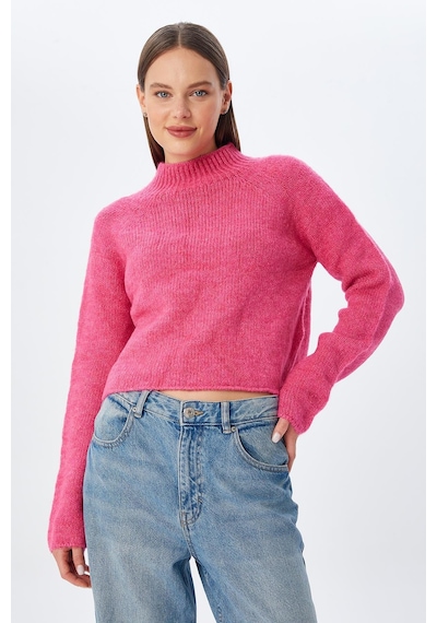 Mixray 6854 Kadın Dik Yaka Bütün Crop Triko Kazak Fuşya
