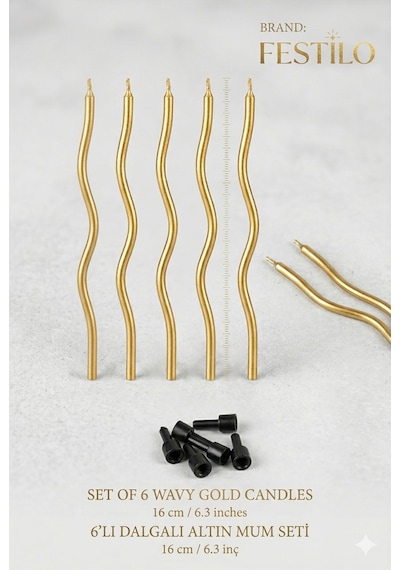 6 Lı Kıvrımlı Mum Gold Pasta Süsü Spiral Mum Pasta Mumları 16 Cm