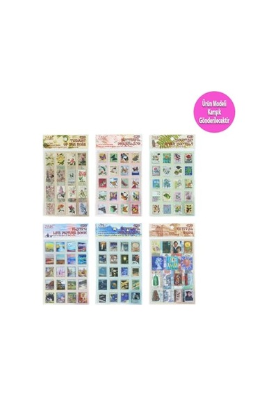 Vintage Pul Desenli Sticker Seti 4 Sayfa Scrapbook Etiketi Genel