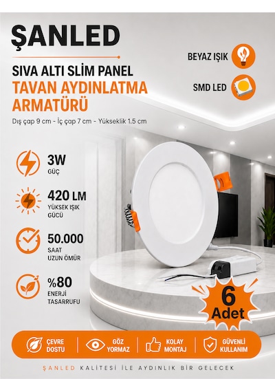 Şanled 3w Tasarruflu Led Yuvarlak Beyaz Işık Sıva Altı Slim Panel 6 Adet