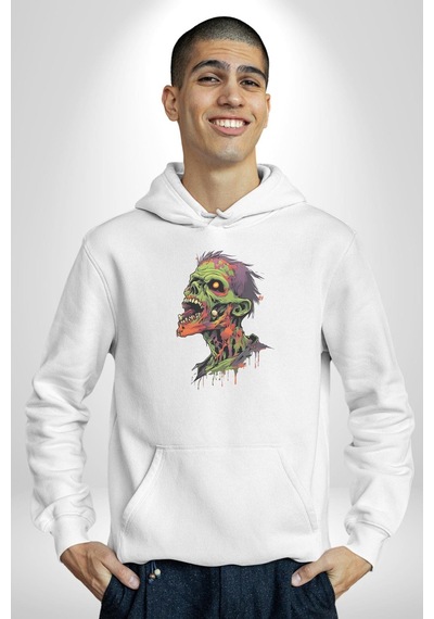 Zombi Kafası Kadın Erkek Beyaz Kapüşonlu Sweatshirt Hoodie Beyaz