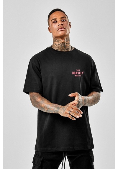 Erkek Siyah Oversize Bravely Baskılı T-shirt Siyah
