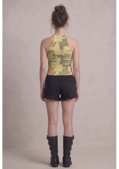 Neden Tekstil Kadın Fitilli Grafik Desenli Baskılı Halter Yaka Crop Bluz - Sarı