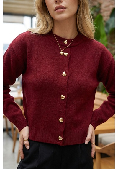 Sayzen Your Shine Trend Basic Kalp Düğmeli Kadın Hırka Bordo