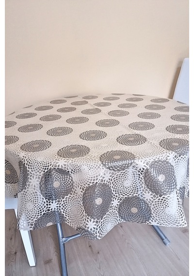Üstü Şeffaf Muşamba Kaplama Dantel Görünüm Yuvarlak Masa Örtüsü -137 Cm Çap -krem Renk-cft Krem