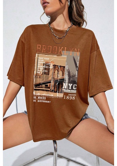 Unisex Brooklyn Baskılı Tasarım Tshirt Kahverengi
