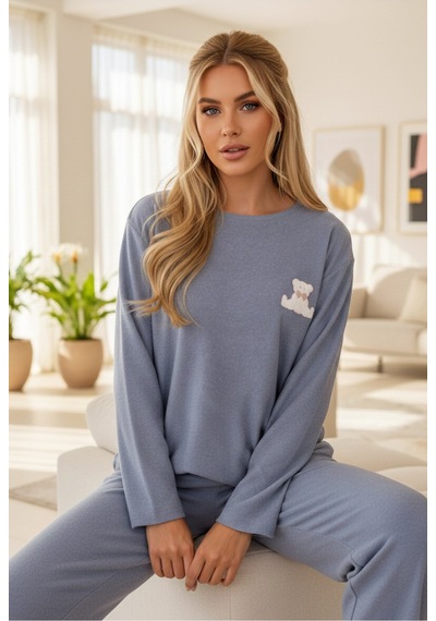 Siyah İnci Havlu Kumaş Örme Pijama Takım25226007 mavi