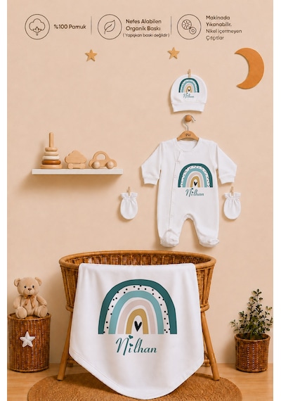 Pia Baby Kişiye Özel Erkek Bebek Tulum Set 4 Parça %100 Pamuk İsimli Organik Baskılı Battaniyeli 1095btyx Krem