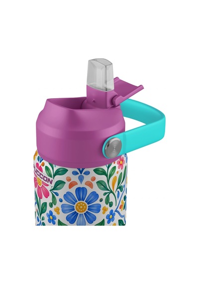 Puccon 540 Ml Çiçek Desenli Yeşil - Mor Kız Çocuk Pipetli Çelik Termos Matara/suluk - 60065