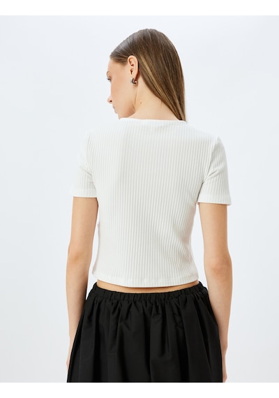 Koton Kısa Kollu Slim Fit Bisiklet Yaka Fitilli Fiyonklu Hırka Ekru 5sal90001ık Ekru