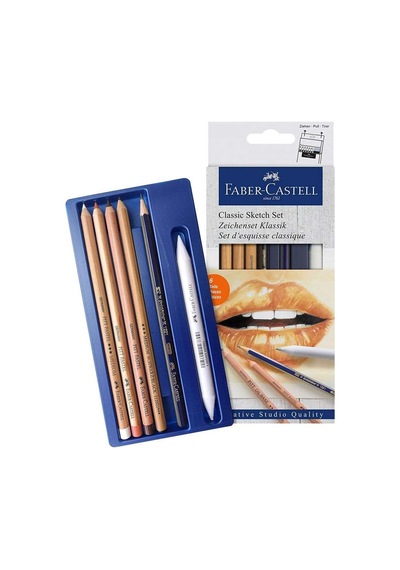 Faber-castell Klasik Sketch Seti 6 Parça, Goldfaber 2b Kalem, Pitt Monochrome, Pitt Pastel, Karıştırma Kalemi 124-Pembe