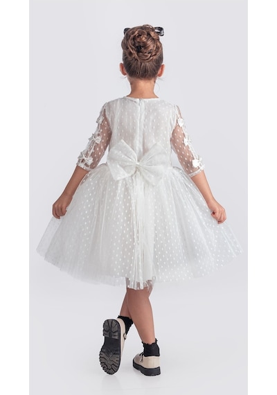 Mnk Baby & Kids Dantel Puanlı, Uzun Kol Prenses Kız Çocuk Elbise M00707 Beyaz