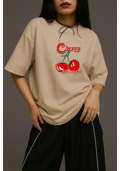 Cherry Sweat Gil Oversize Tişört Bej
