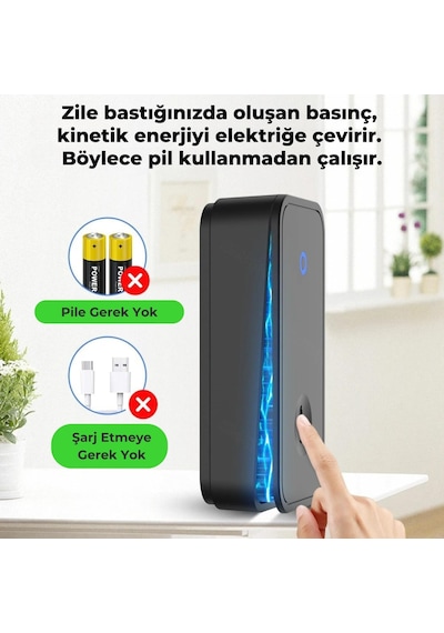 Kablosuz Kapı Zili Seti Pil Gerektirmez, Kinetik Enerjili Kapı Zili Pilsiz Şarjsız Kablosuz Fiş