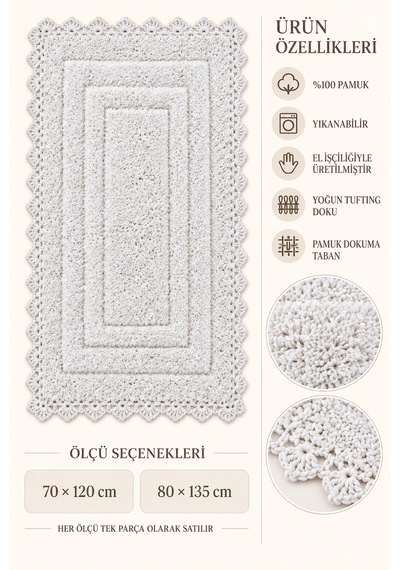 Alanur Bodrum Tufting Cotton Pamuklu El Işi Örgülü Paspas 110 80 X 135 Cm Beyaz