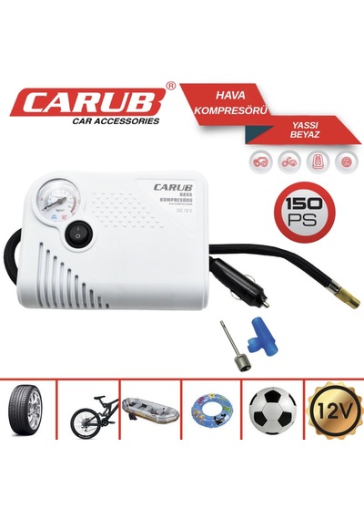 Carub Hava Kompresörü Yassı 12v Beyaz 150 Psi Çakmaklık Girişli Lastik Şişirici
