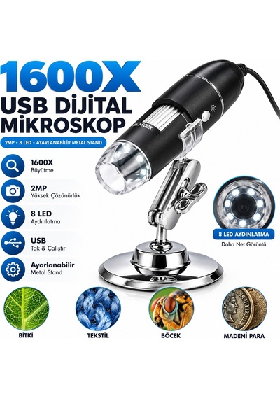 Luve Store 1600x Usb Dijital Mikroskop 2mp Kamera 8 Led Işıklı Metal Standlı