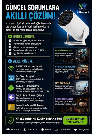 Taşınabilir Sinema Projektörü Bluetooth Android 11 Akıllı Projeksiyon Wifi Beyaz