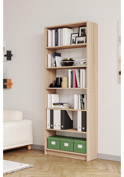 Bili Kitaplık 5 Raflı Geniş Çok Amaçlı Ofis Salon Kitap Dosya Rafı Meşe Meşe
