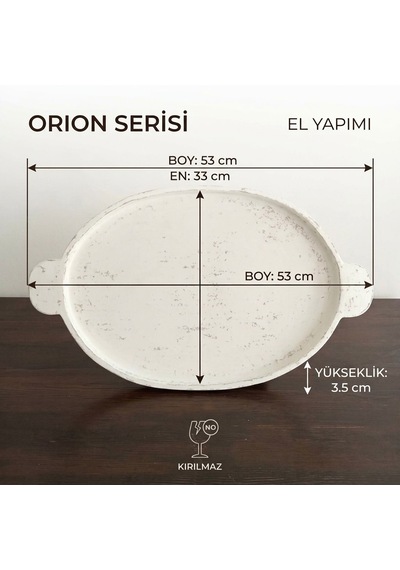 Orion Serisi Büyük Boy Kulplu Eskitme Beyaz El Yapımı Kırılmaz Sunum Tepsisi 33x53 Cm