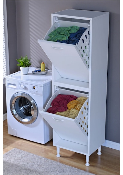 Eliusta Veluna 45 Cm Kirli Çamaşır Sepetli Dolap Banyo Dolabı Beyaz 45x138x32,5 Cm 2 Sepetli Dolap Beyaz