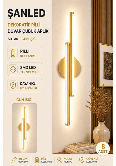 Dekoratif 20w İç Mekan Gold Kasa Gün Işığı 60 Cm Duvar Aplik Pilli 8 Adet