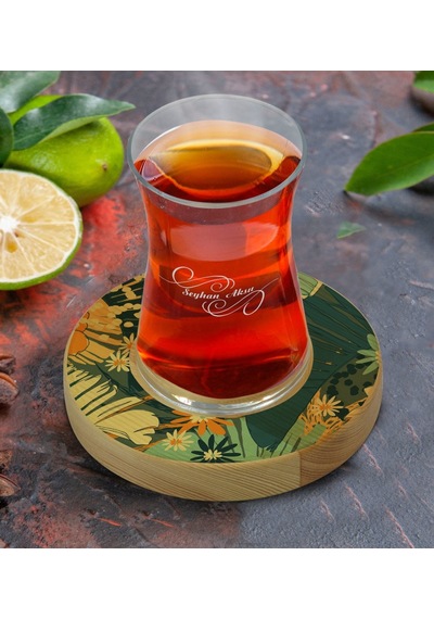 Kişiye Özel Çiçekler Tasarımlı Doğal Ahşap Tabaklı Heybeli Çay Bardağı Model 7