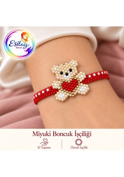 El Yapımı Miyuki Boncuk Ayıcık Bileklik Kırmızı Kalpli Özgün Tasarım Çok renkli