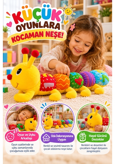 Desenli Tırtıl Pelüş Oyuncak 50 Cm Sarı Renkli Yumuşak Welsoft Kumaş Sevimli Çocuk Oyun Arkadaşı Şık