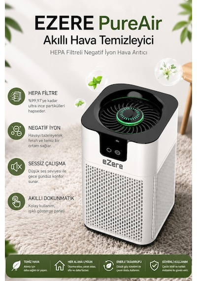 Ezere Pureair Akıllı Hava Temizleyici Hepa Filtreli Negatif İyon Hava Arıtıcı Beyaz