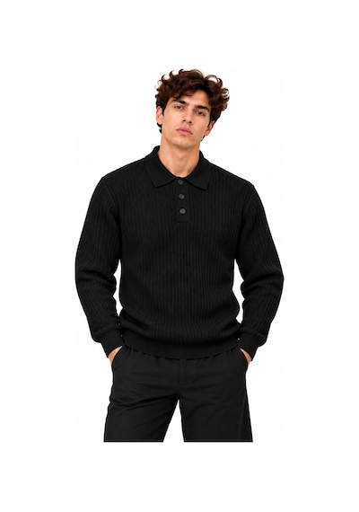 Erkek Polo Yaka Uzun Kollu Standart Fit Kalıp Kazak 27001 Siyah-aw19