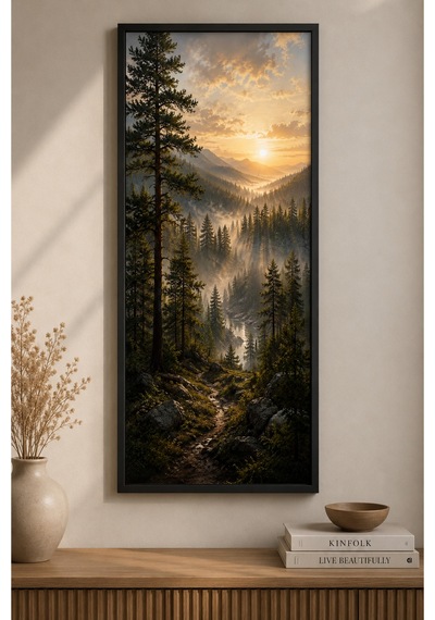 Sisli Çam Ormanı Gün Doğumu Manzara Tablosu 25x60 Cm Dikey Siyah Ahşap Çerçeveli Modern Duvar Dekoru