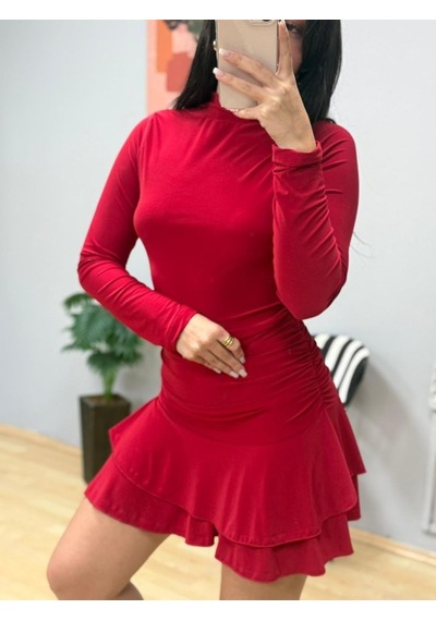 Kadın Uzun Kollu Balıkçı Yaka Mini Fırfırlı Sandy Elbise Kırmızı