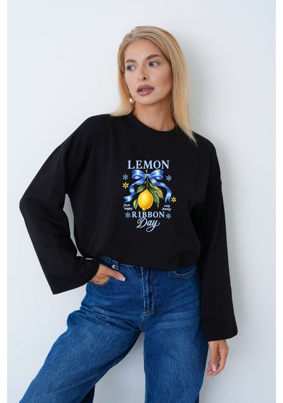 Medinenur Limon Baskılı Uzun Kollu Tesettüre Uygun Body Siyah