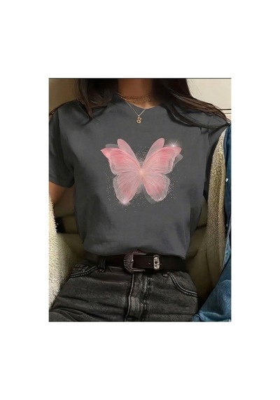 Pembe Kelebek Desenli Baskılı Kompakt T-shirt Gri