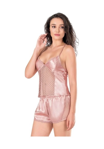 Ang Butik Kadın Koyu Pudra Saten Babydoll Şort Takımı
