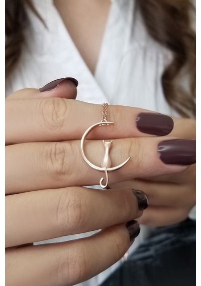 Kadın Hilal Ve Kedi Tasarım 925 Ayar Gümüş Kolye Rose Gold