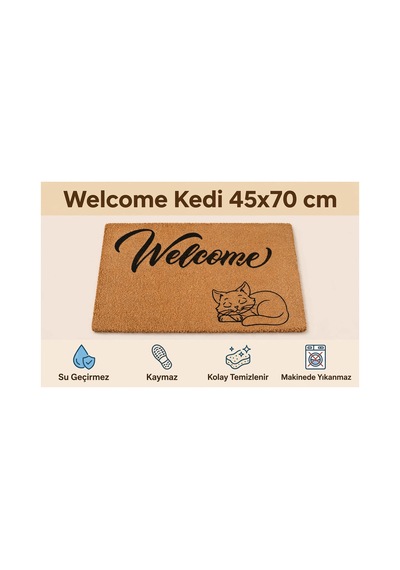 Coco Cc026a Kedili Welcome Desenli Kalın Kaymaz Taban Nem Alıcı Şık Tasarım Kapı Önü Paspası 45x75 Cm Bej