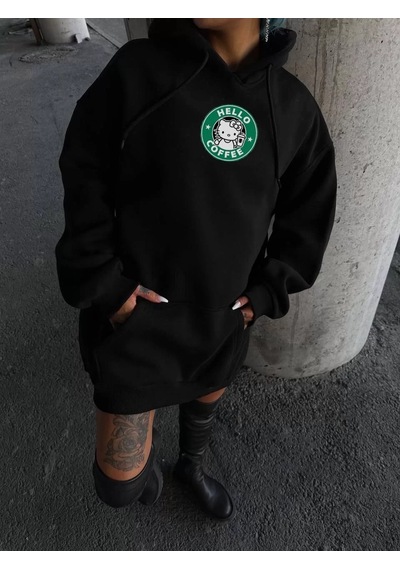 Üç İplik Penye Uzun Kol Kapşonlu Sweatshirt - Siyah 001