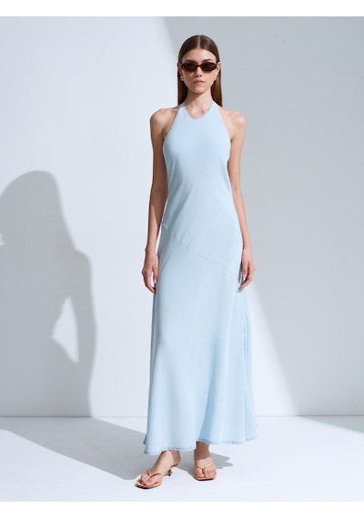 Dilvin 90586 %100 Lyocell Halter Yaka Elbise-mavi