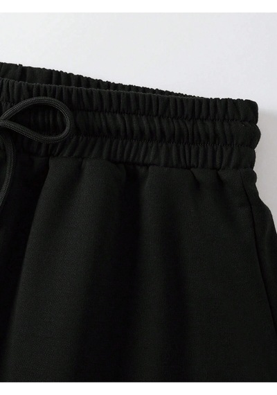 Coolane Letter Graphic Drawstring Waist Şort Siyah