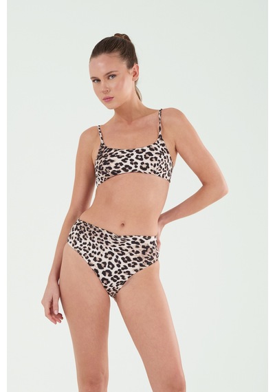 Louren Kadın Siyah Leopar Desenli İnce Kaplı Sabit Askılı Straplez Bikini Takımı Siyah
